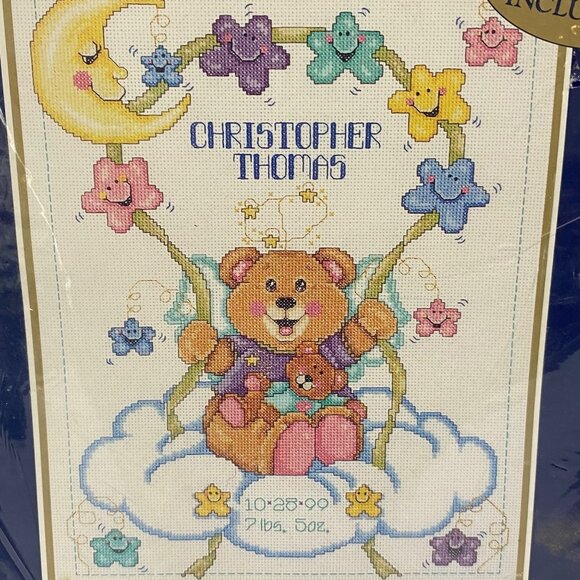 Bucilla Baby Counted Cross Stitch Kit Celestial Birth Record 11"x14" Gold-Plated - Picture 2 of 4